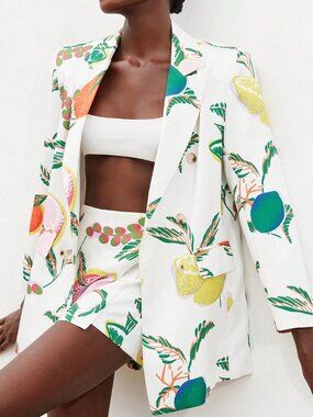Multicolor Casual Women's Tropical Fruit Print Oversized Suit Jacket & Skort Set